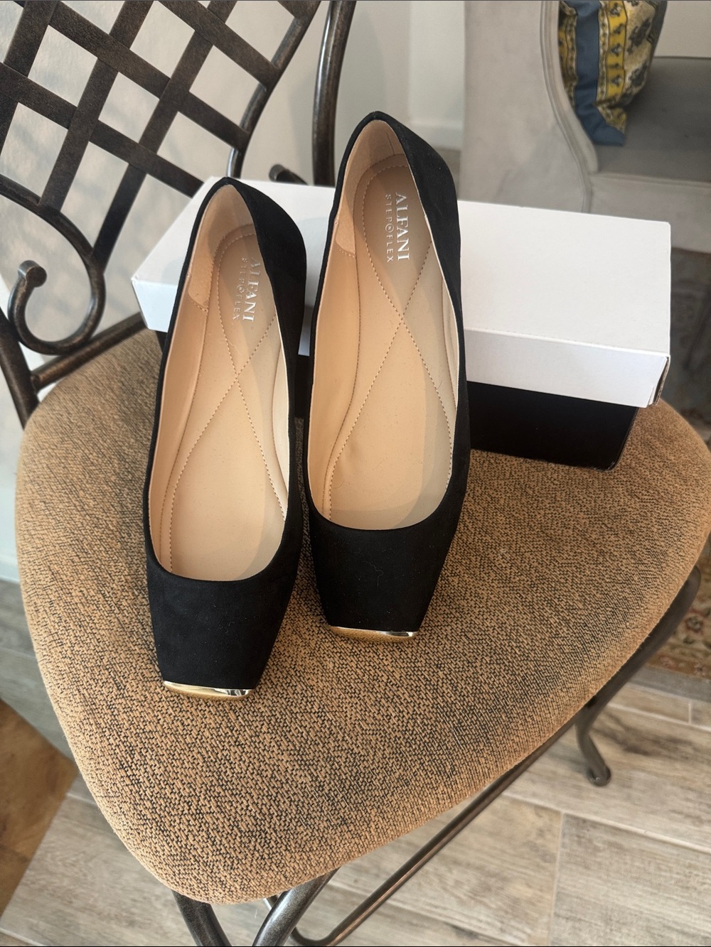 Alfani Black Square-Toe Flats with Gold Accent